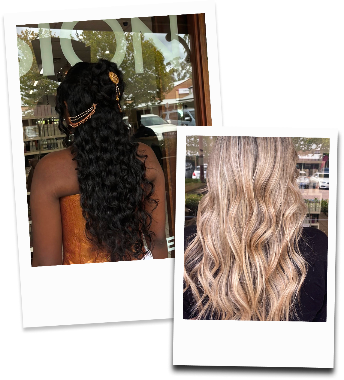 Dark curly hairstyle with decorative hair accessories by Precision Hair Mundaring. Soft blonde wavy hairstyle by Precision Hair Mundaring.